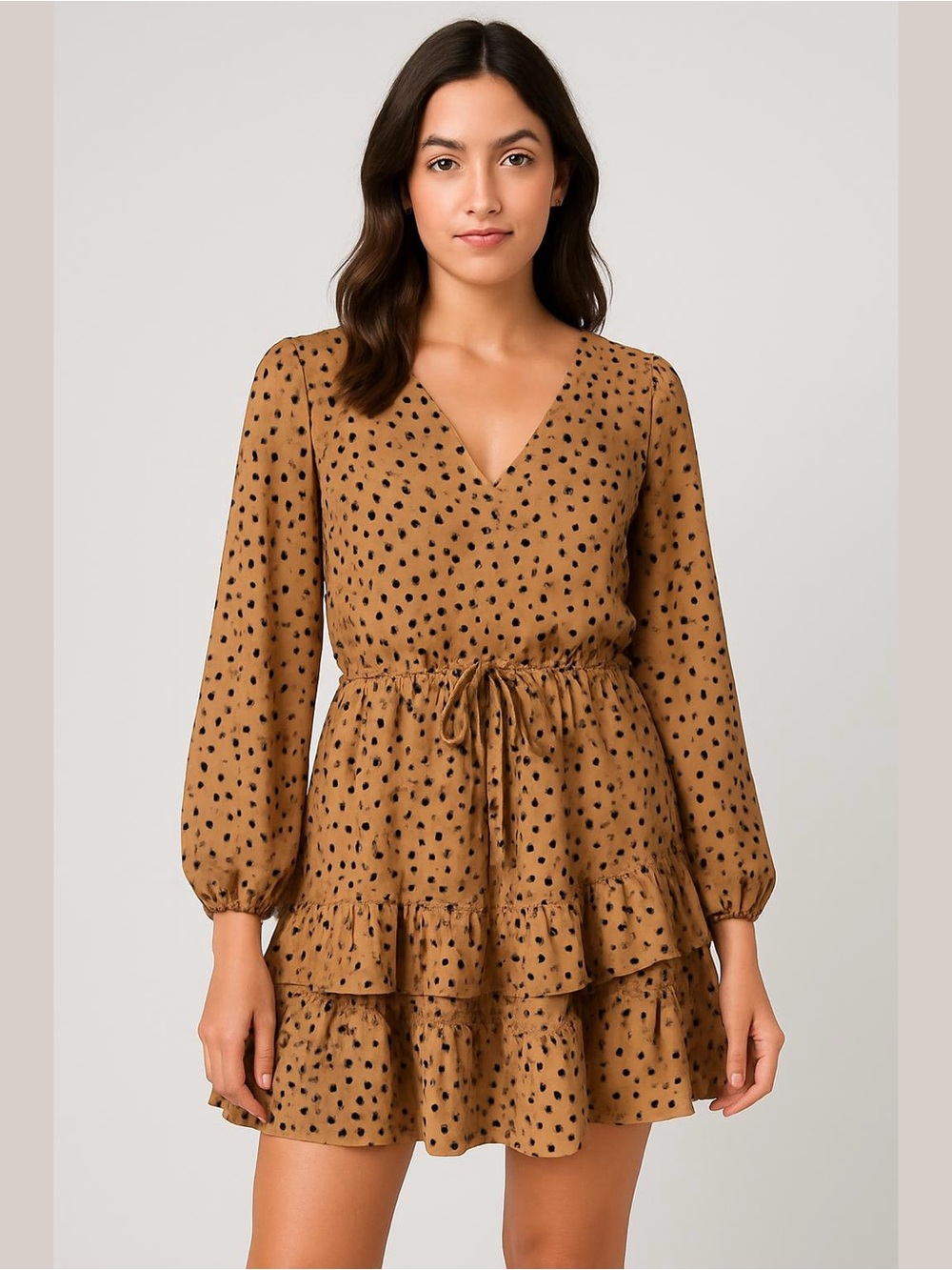 Mittoshop •Women Brown Polka Dot Dalmatian Ruffle Tiered V-Neck Mini Dress NWT